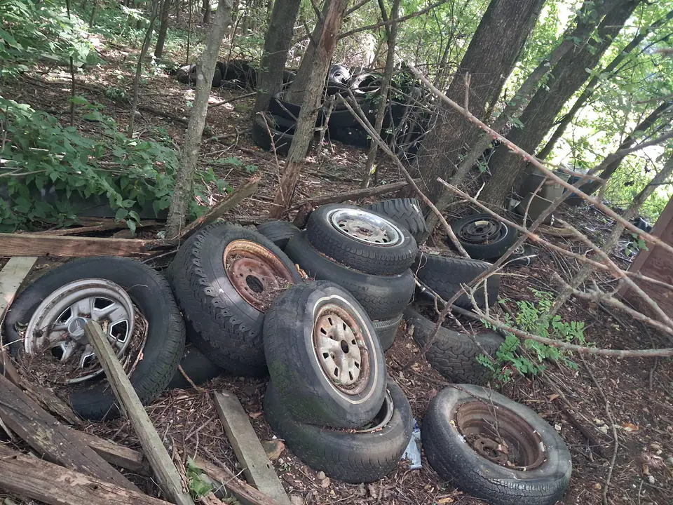 Large pile of unwanted tires on a wooded property